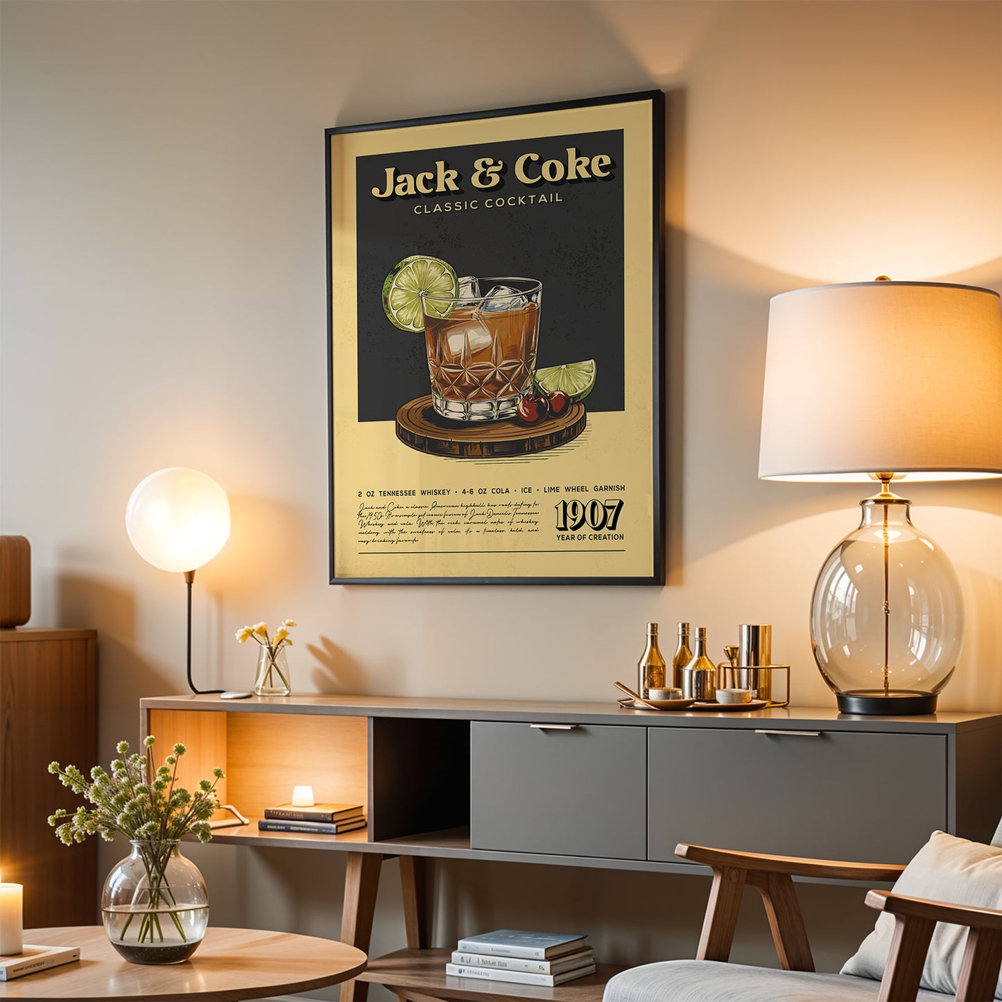 a poster of a classic cocktail, specifically a Jack and Coke, hanging on a wall in a living room setting.