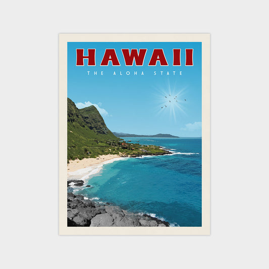The image is a poster of Hawaii, featuring a scenic view of the ocean, mountains, and a beach.