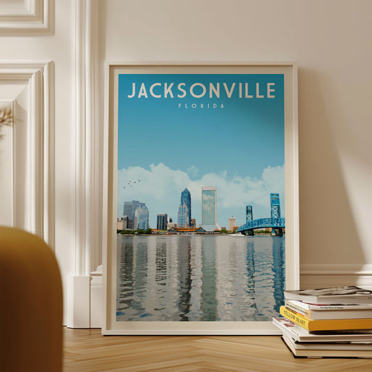 A framed poster of the skyline of Jacksonville, Florida, with a body of water in the foreground.