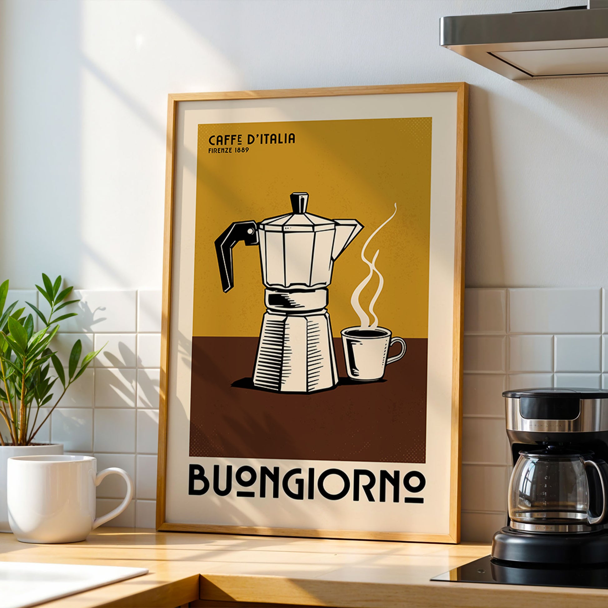 a framed poster of a coffee maker and a cup of coffee, with the text "BUONGIORNO" below the illustration.