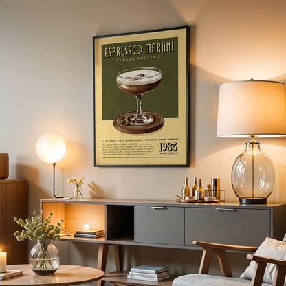 a poster of an espresso martini hanging on a wall in a living room.