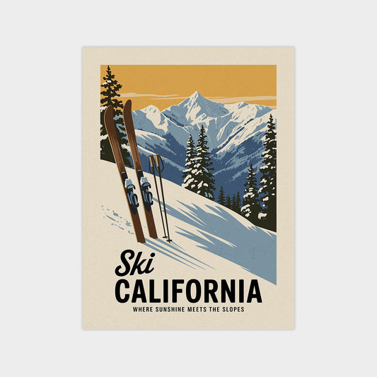 A vintage-style poster depicting a snowy mountain landscape with skis and ski poles, along with the text "Ski California" and "Where sunshine meets the slopes".