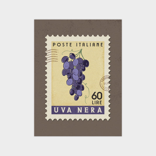 The image is a postage stamp featuring a bunch of purple grapes.