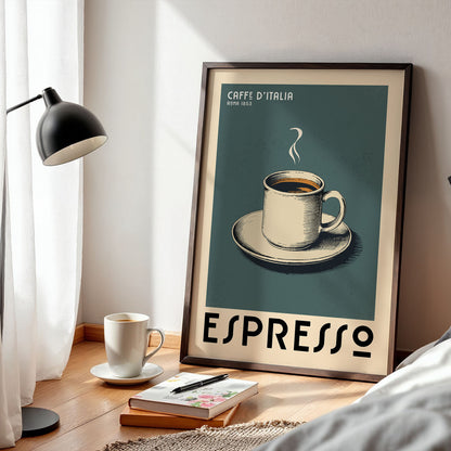 a framed poster of a cup of espresso, a lamp, a book, and a notebook on a wooden floor.