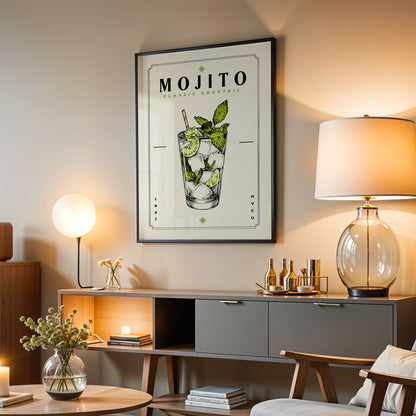 a living room with a framed poster of a mojito cocktail hanging on the wall, a wooden cabinet, a lamp, and a vase with flowers.