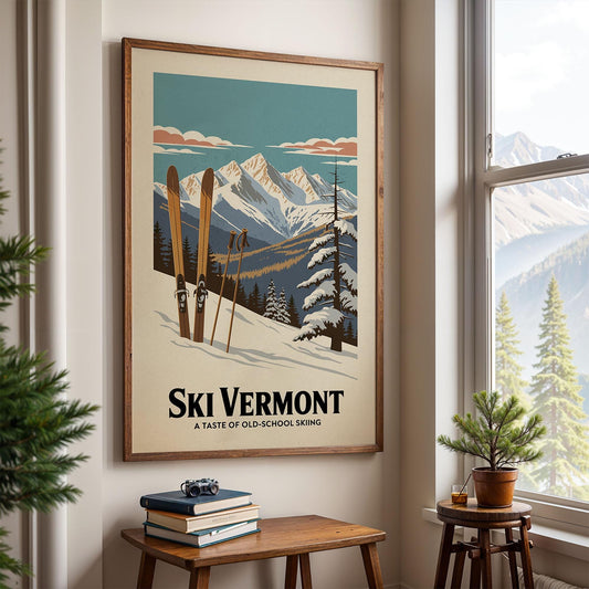 A framed poster of a snowy mountain landscape with skis and ski poles, hanging on a wall in a room with a window and a small table with books and a plant.