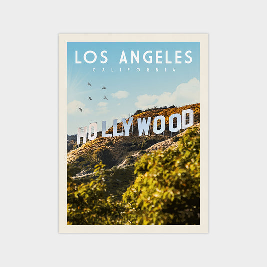A poster featuring the iconic Hollywood sign in California, with a scenic landscape of hills and trees in the background.