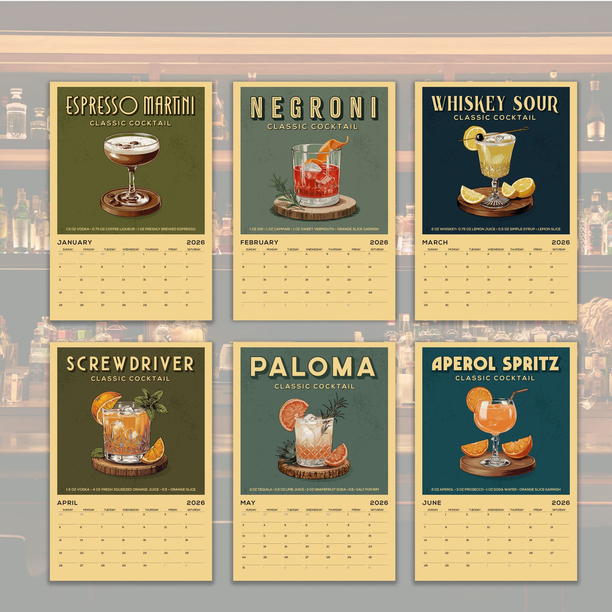 six calendar pages featuring different types of cocktails, including espresso martini, negroni, whiskey sour, screwdriver, paloma, and april ol sprtz.