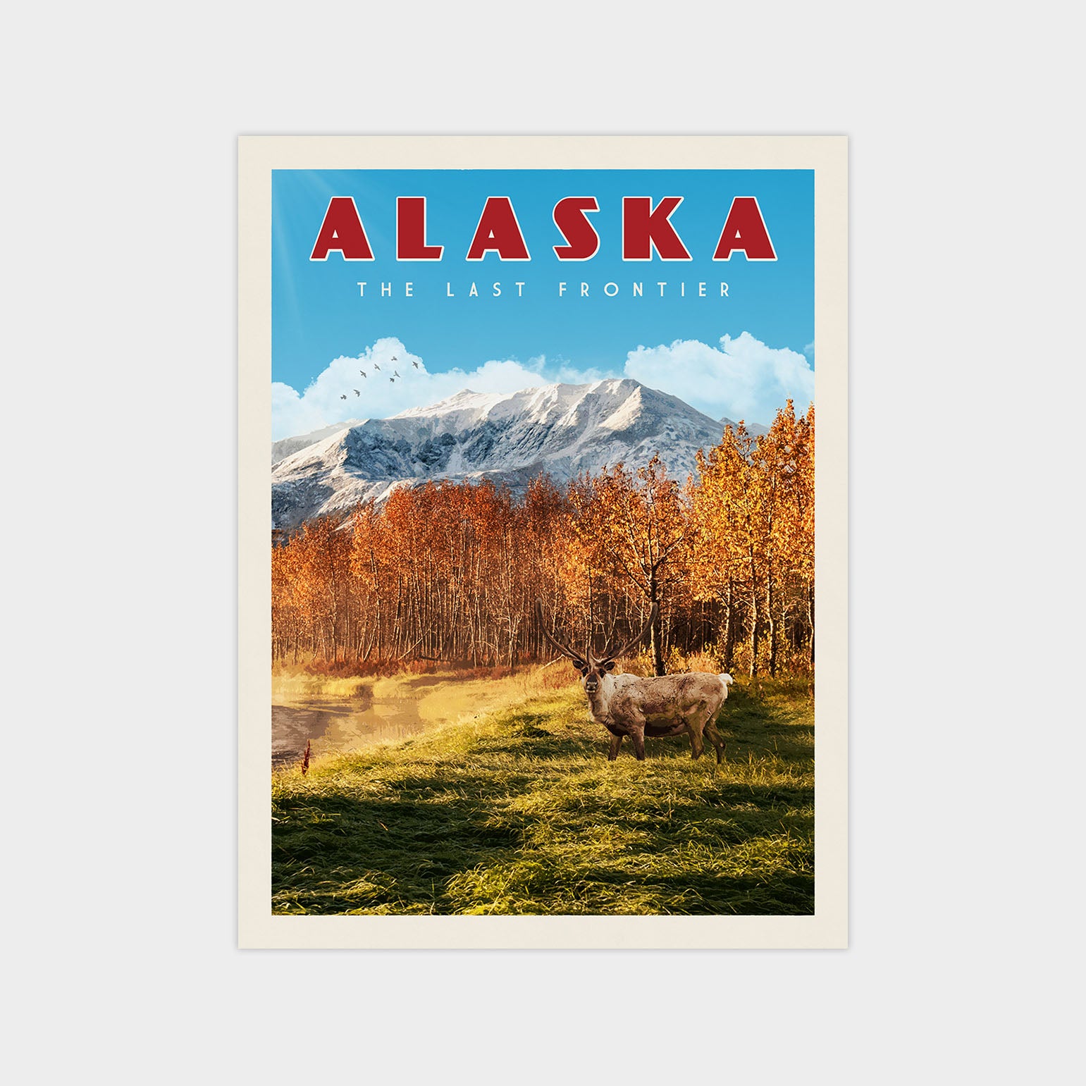 A poster depicting a scenic landscape in Alaska, featuring a snow-capped mountain, a forest with autumn-colored trees, and a deer standing in the foreground.