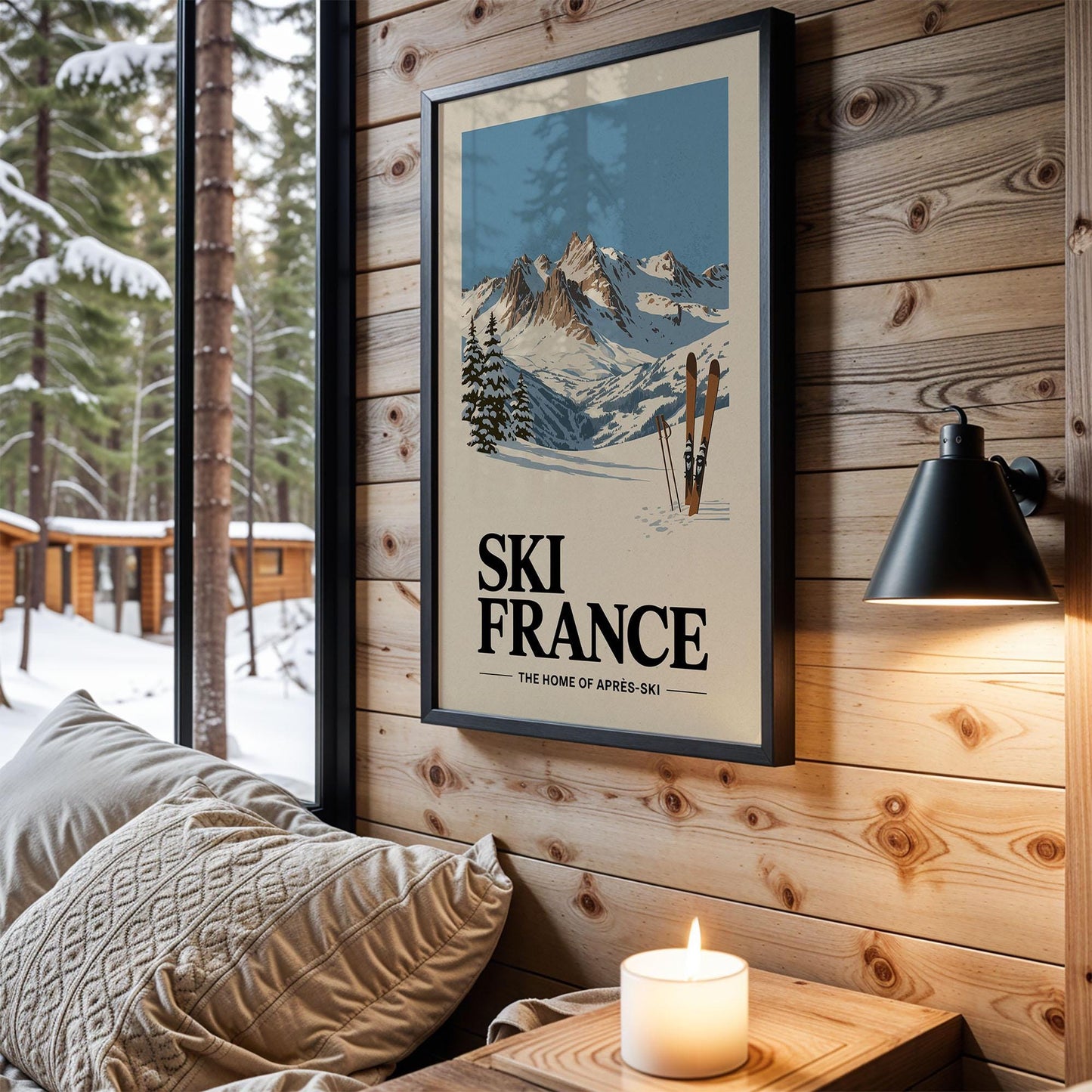 a framed poster of a snowy mountain landscape with ski equipment, hanging on a wooden wall in a cozy cabin setting.