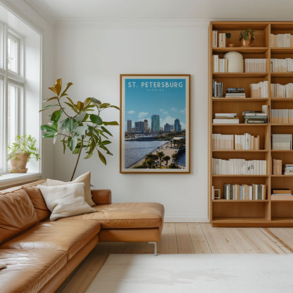a cozy living room with a large window, a brown leather couch, a bookshelf filled with books, and a framed poster of St. Petersburg, Russia.