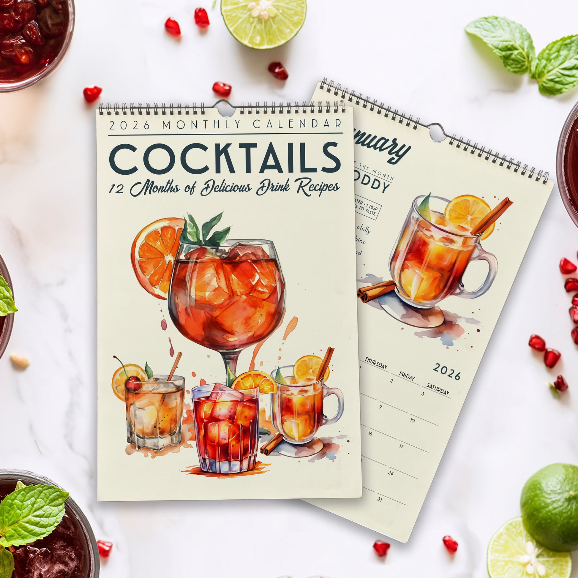 a calendar with a focus on cocktails and drink recipes, surrounded by various fruits and garnishes.