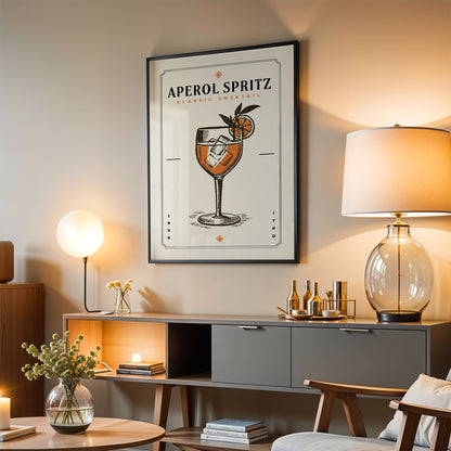 a living room with a framed poster of an Aperol Spritz cocktail hanging on the wall. The poster displays an illustration of a glass filled with the Aperol Spritz drink, accompanied by a lemon slice and a small orange. The room is furnished with a wooden cabinet, a lamp, and a chair, creating a cozy and inviting atmosphere.