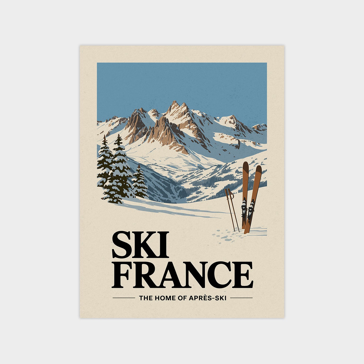 A vintage-style poster depicting a snowy mountain landscape with ski equipment, accompanied by the text "SKI FRANCE" and "THE HOME OF APRES-SKI".