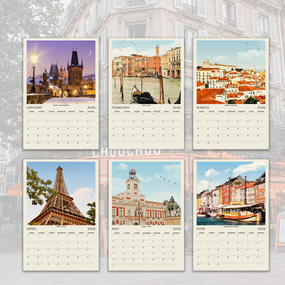 The image is a collage of six calendar pages featuring various pictures of iconic landmarks and cityscapes from different cities around the world.