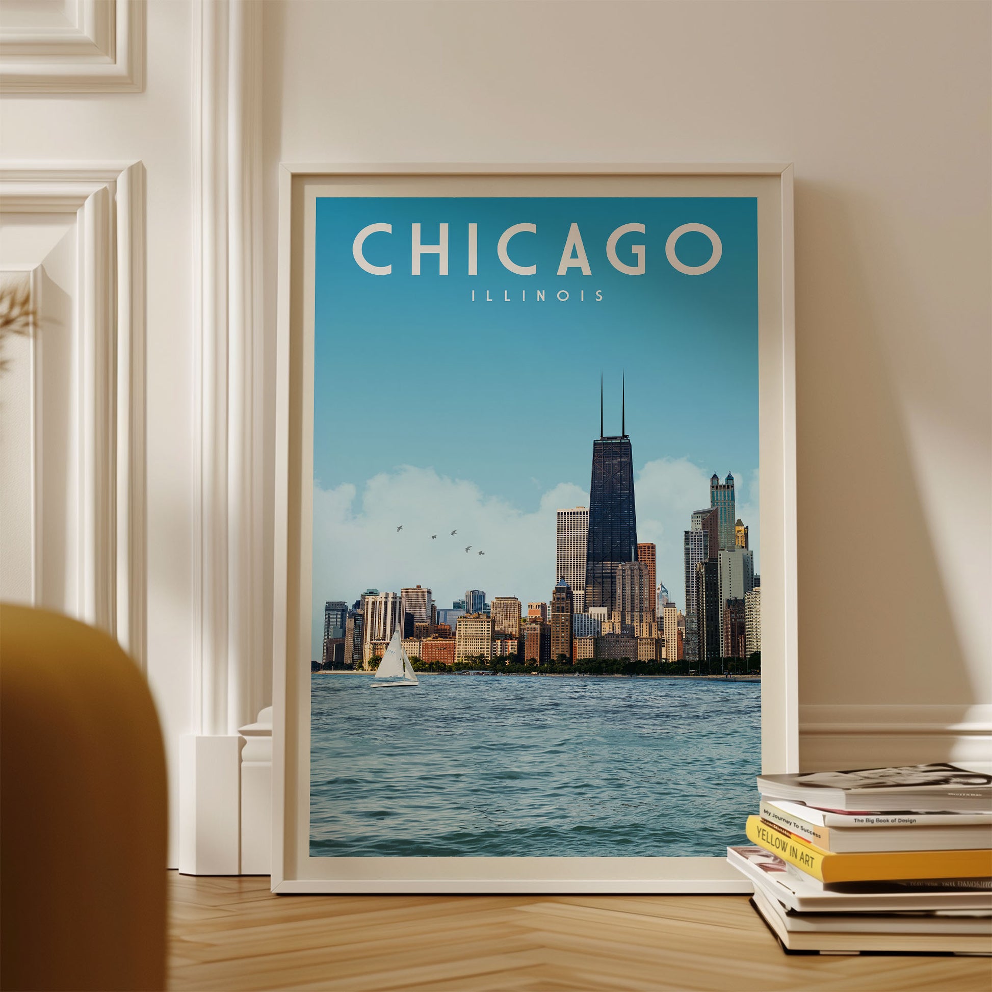 A framed poster of the Chicago skyline, with the text "CHICAGO ILLINOIS" prominently displayed.