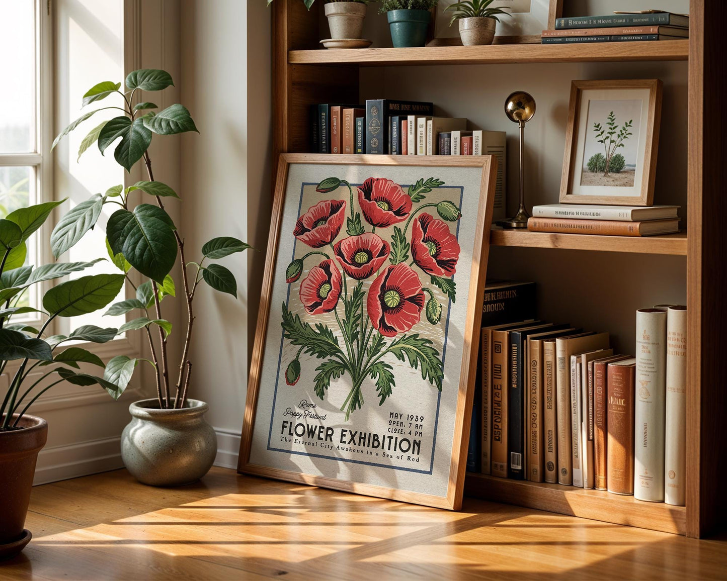 a picture of a flower exhibition on a shelf next to a potted plant