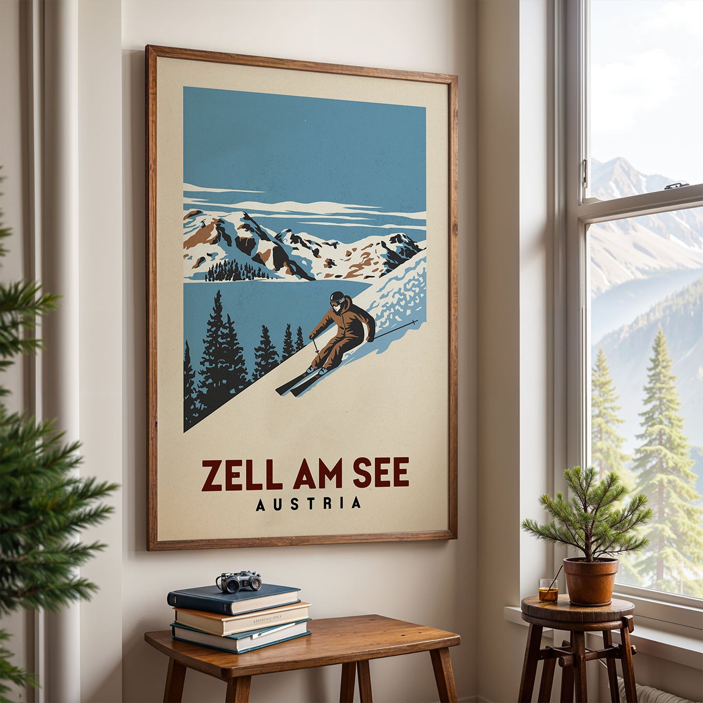 a framed poster of a skier on a snowy mountain, with the text "ZELL AM SEE" and "AUSTRIA" below it. The poster is hanging on a wall, and there is a small table with a plant and some books in front of it.