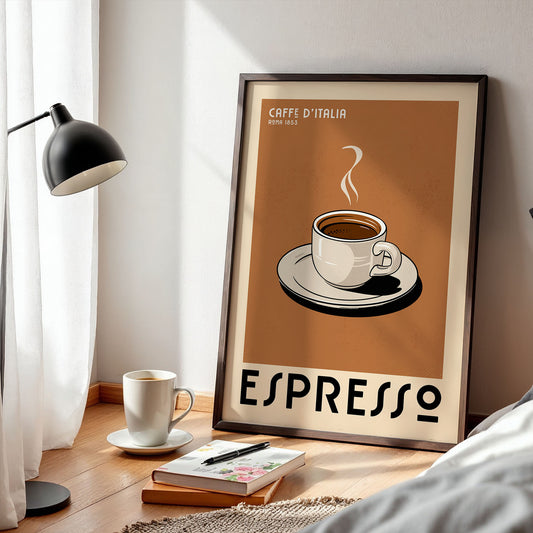 a framed poster of a cup of espresso, with a lamp and a book on a wooden floor in the foreground.