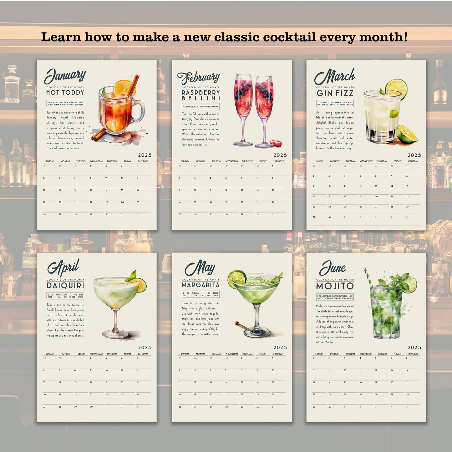 a set of four calendars with drinks on them