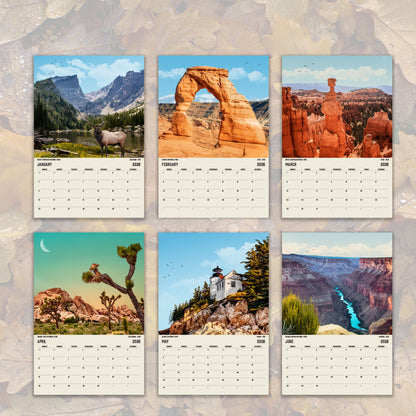 The image is a collage of six calendar pages featuring various scenic landscapes, including mountains, canyons, and desert scenes.