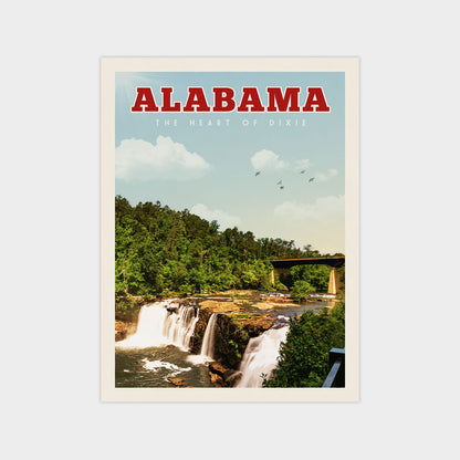 The image is a poster for Alabama, featuring a scenic view of a waterfall surrounded by lush greenery and a bridge in the background.