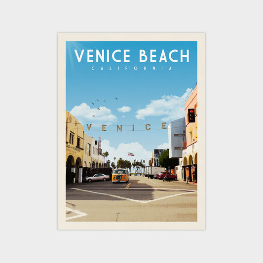 The image is a poster or artwork depicting a street scene in Venice Beach, California, with buildings, cars, and a clear blue sky.