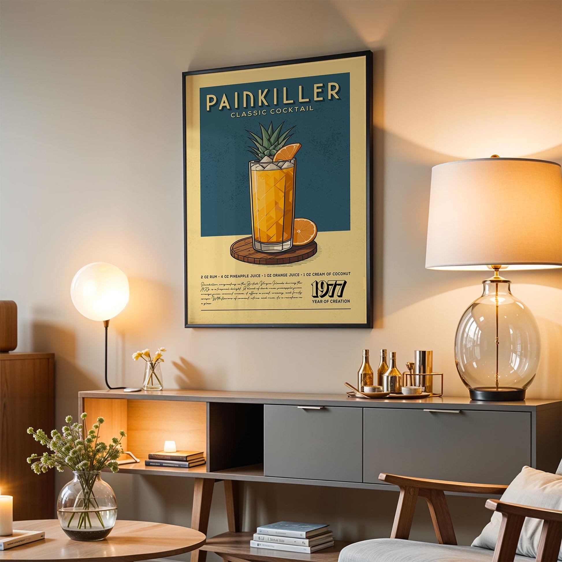 a poster of a classic cocktail called "Pain Killer" hanging on a wall in a living room setting.