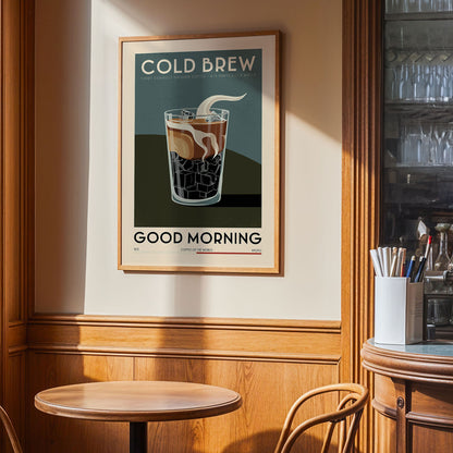 a framed poster of a glass of cold brew coffee with ice cubes, hanging on a wall in a room with wooden paneling.