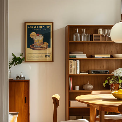 a cozy living room with a wooden bookshelf, a framed poster of a cocktail, and a wooden cabinet. The room has a warm and inviting atmosphere, with a dining table and chairs in the foreground.