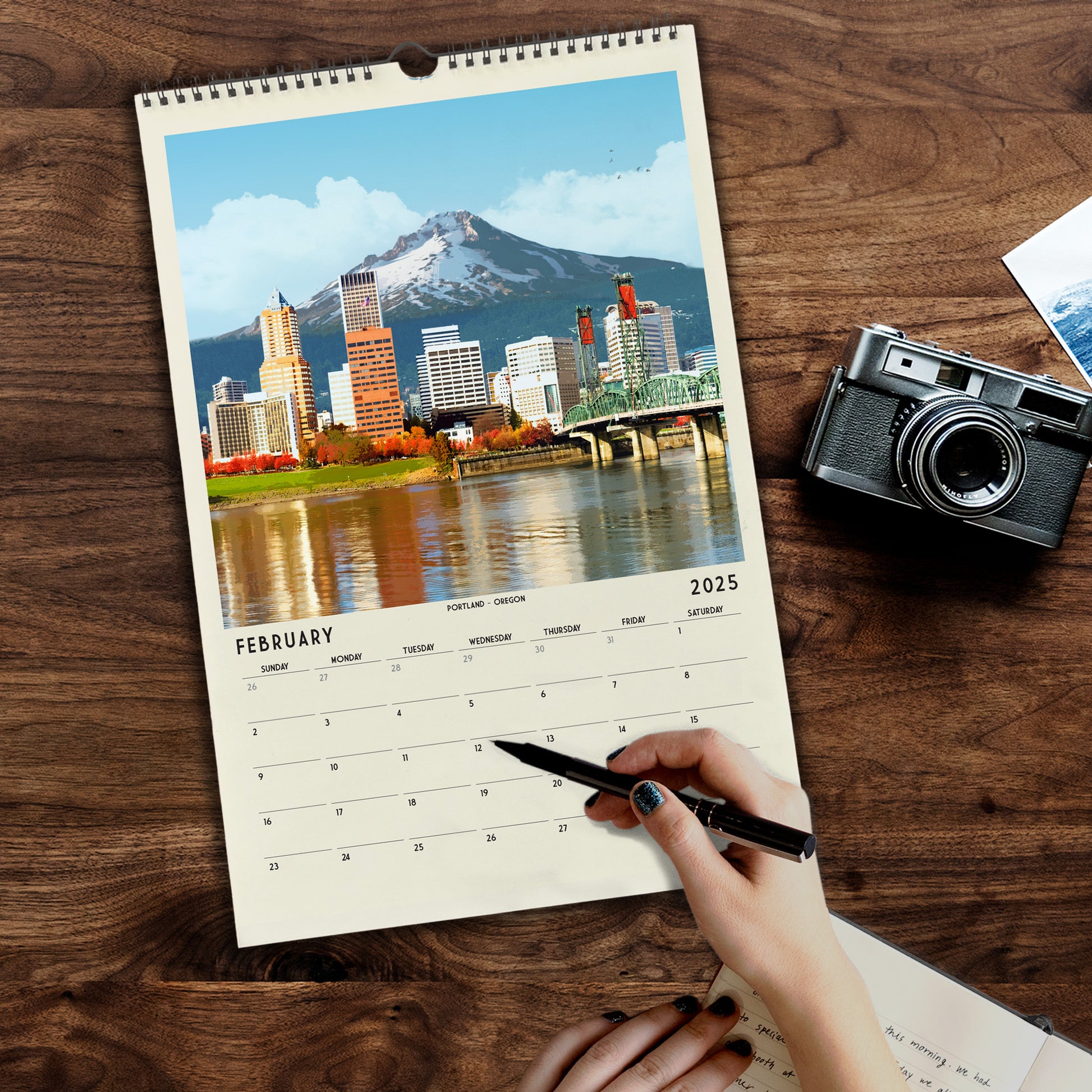 a calendar with a picture of a city on it