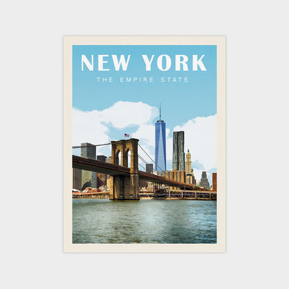 A poster of the Brooklyn Bridge and the New York City skyline, with the text "NEW YORK THE EMPIRE STATE" prominently displayed.