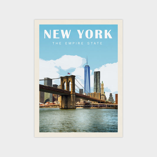 A poster of the Brooklyn Bridge and the New York City skyline, with the text "NEW YORK THE EMPIRE STATE" prominently displayed.