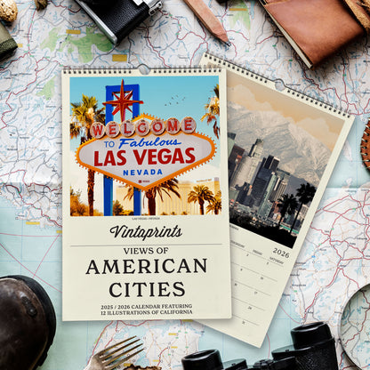 a calendar with a vibrant image of the Las Vegas Strip and the iconic "Welcome to Fabulous Las Vegas, Nevada" sign. The calendar is surrounded by various travel-related items, including a map, a pair of binoculars, and a camera.