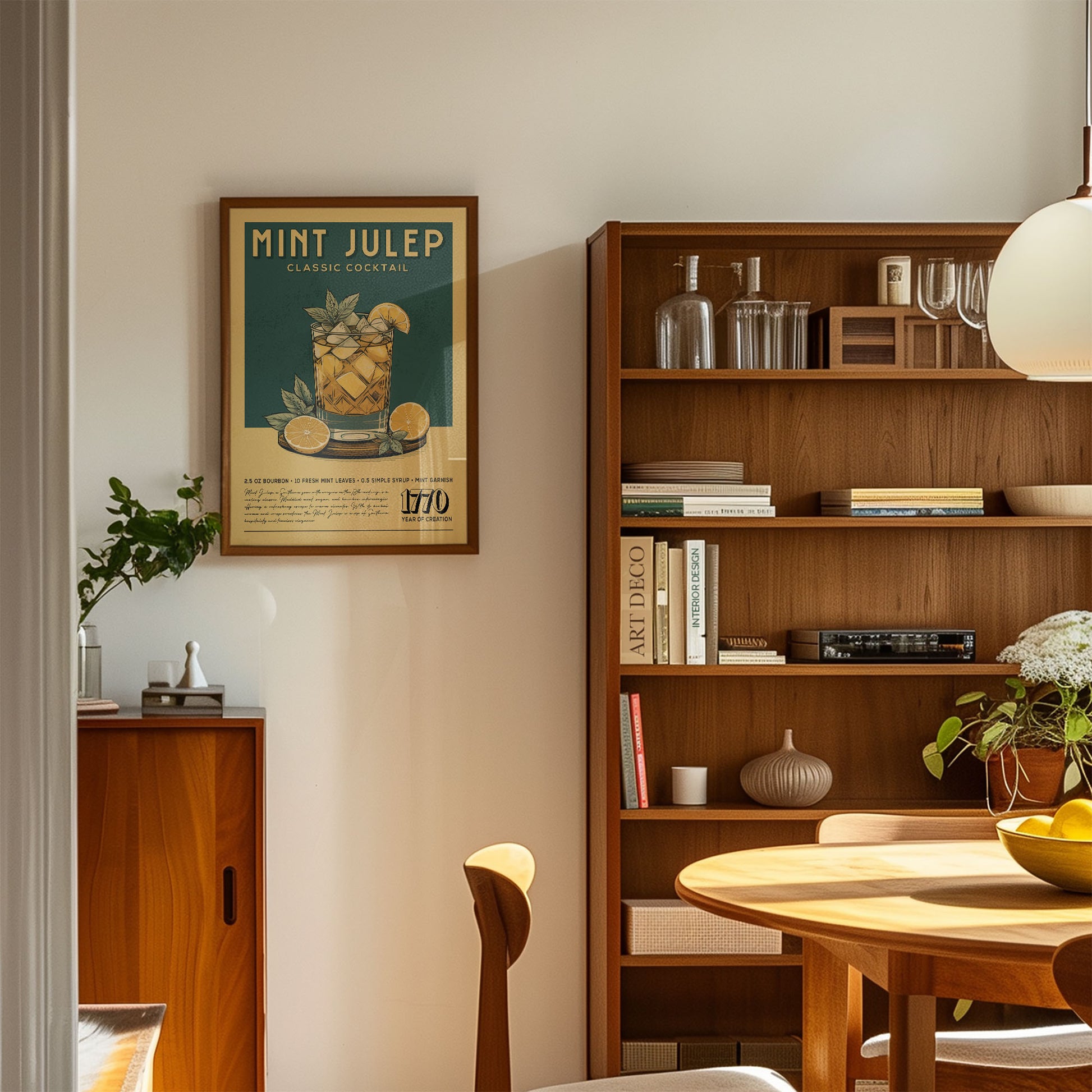 a cozy living room with a framed vintage advertisement for a mint julep cocktail hanging on the wall. The room is furnished with a wooden bookshelf, a wooden cabinet, and a wooden dining table. There are also several books and decorative items on the bookshelf and table, creating a warm and inviting atmosphere.