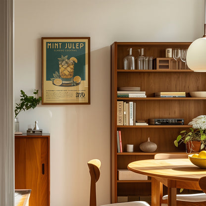 a cozy living room with a framed vintage advertisement for a mint julep cocktail hanging on the wall. The room is furnished with a wooden bookshelf, a wooden cabinet, and a wooden dining table. There are also several books and decorative items on the bookshelf and table, creating a warm and inviting atmosphere.