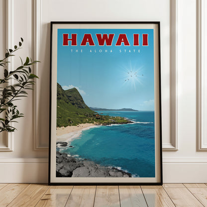 A framed poster of a scenic beach and ocean view in Hawaii, with the text "HAWAII THE ALOHA STATE" prominently displayed.