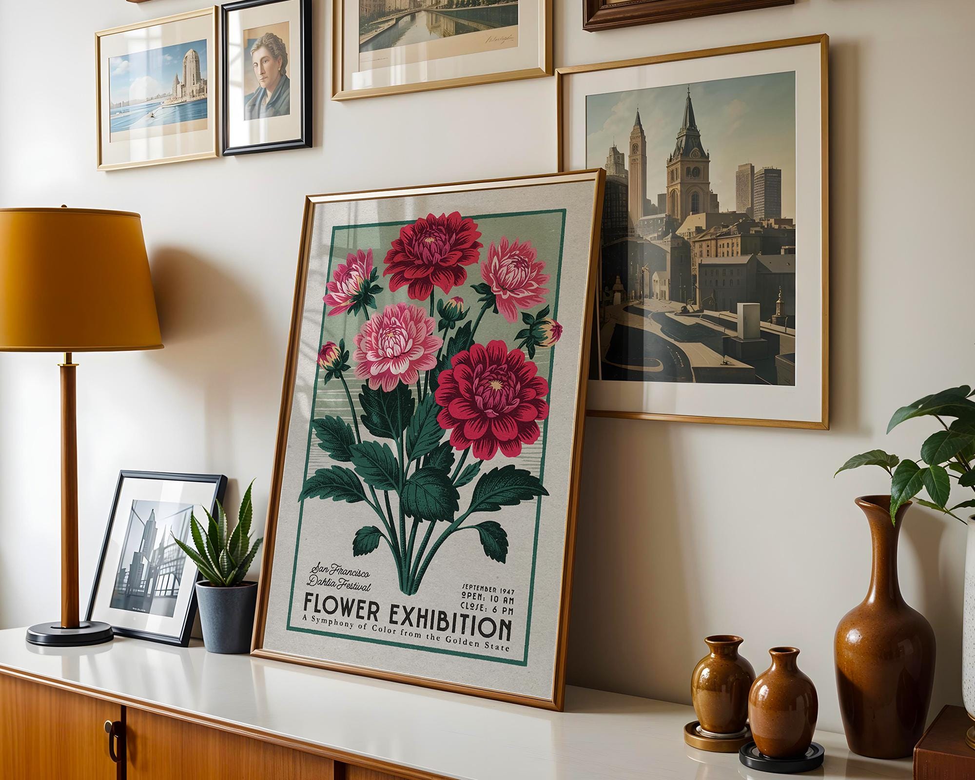 a picture of a flower exhibition hangs on a wall