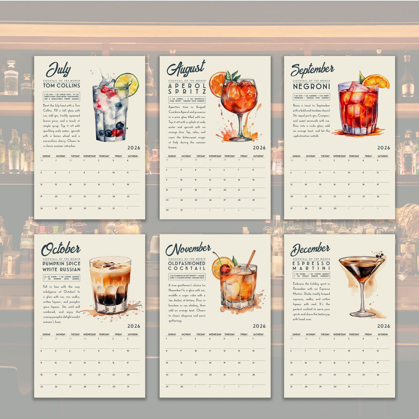 six calendar pages featuring illustrations of various cocktails and their corresponding months.