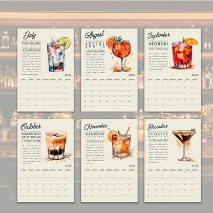 six calendar pages featuring illustrations of various cocktails and their corresponding months.