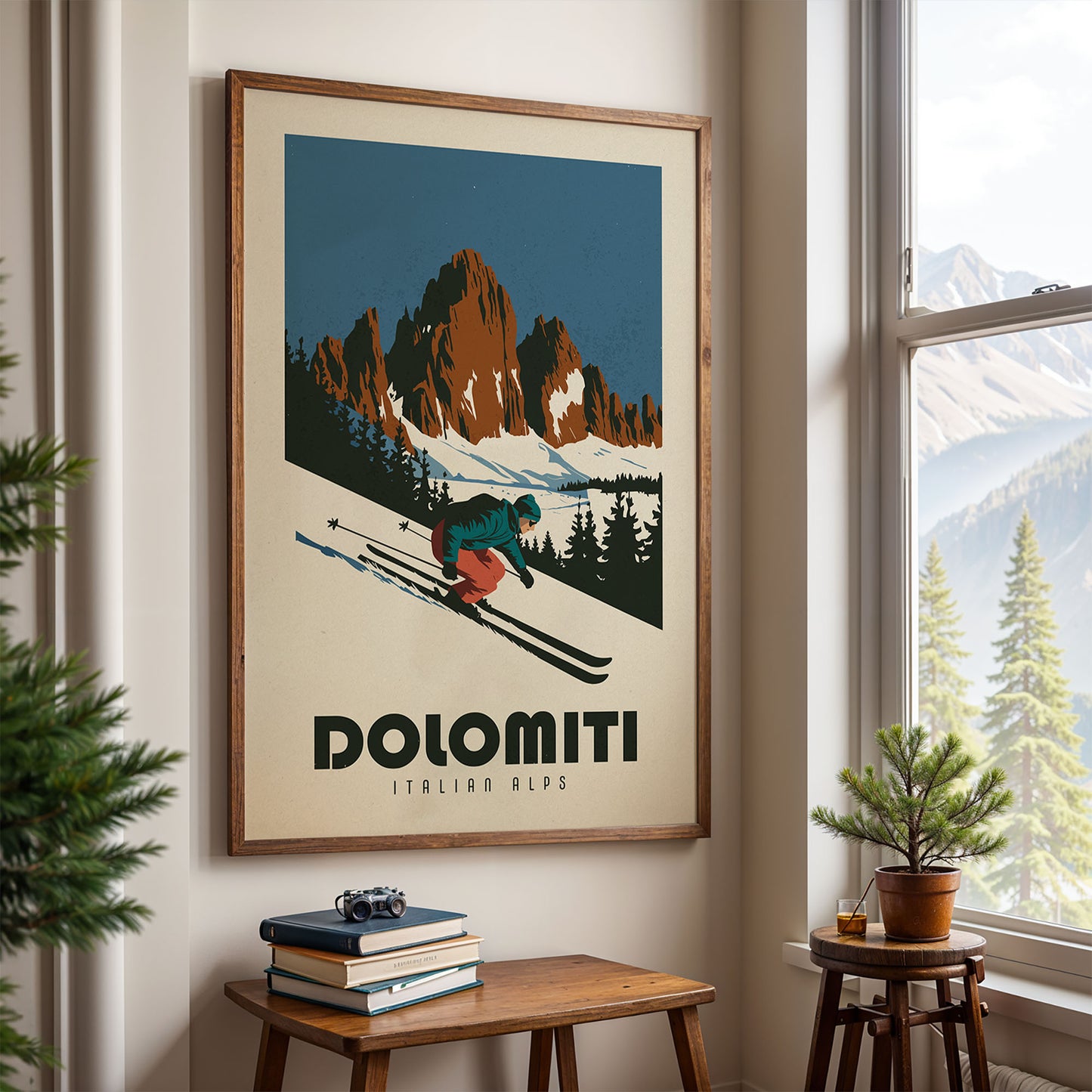 a framed poster of a skier on a mountain, with the text "DOLOMITI ITALIAN ALPS" below the illustration.