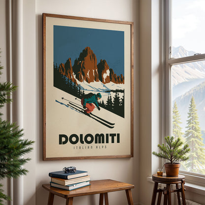a framed poster of a skier on a mountain, with the text "DOLOMITI ITALIAN ALPS" below the illustration.