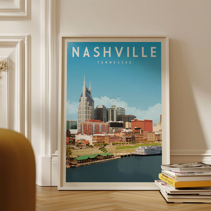 A framed poster of the Nashville skyline, with the text "NASHVILLE TENNESSEE" prominently displayed.