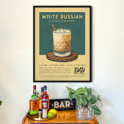 a framed poster of a cocktail recipe for a White Russian cocktail, along with a wooden bar display and various liquor bottles.
