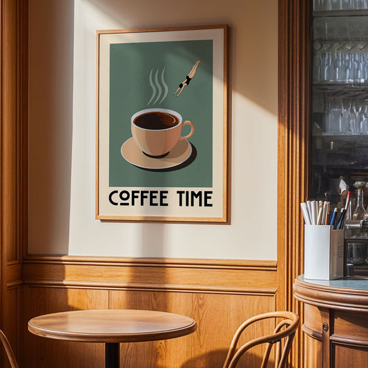 a framed poster of a cup of coffee with steam rising from it, hanging on a wall in a coffee shop or cafe.
