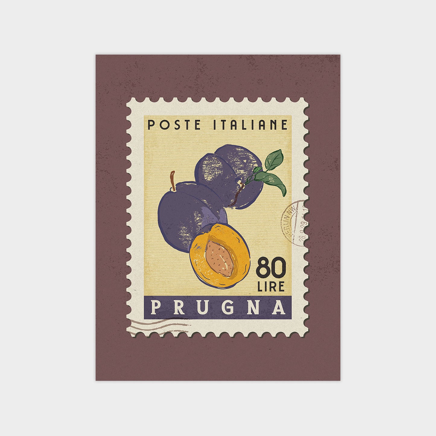 The image is a postage stamp from Prugna, Italy, featuring an illustration of plums and a note indicating that it is 80 lire.