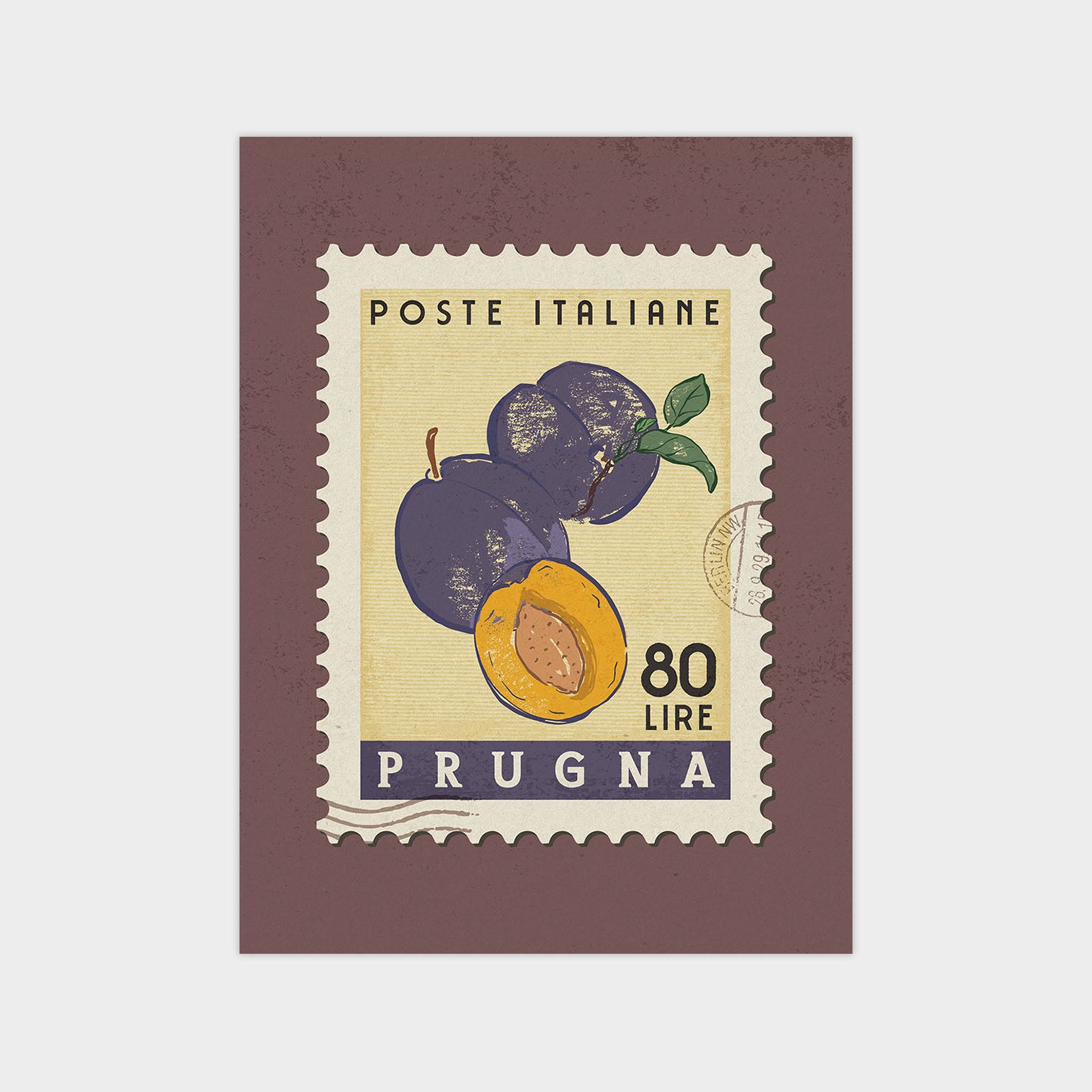 The image is a postage stamp from Prugna, Italy, featuring an illustration of plums and a note indicating that it is 80 lire.