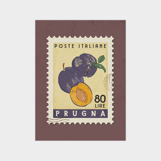The image is a postage stamp from Prugna, Italy, featuring an illustration of plums and a note indicating that it is 80 lire.