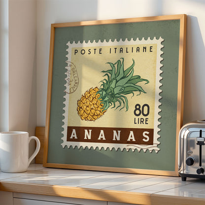 a framed stamp-like artwork depicting a pineapple, with the text "POSTE ITALIANE 80 LIRRE ANAS" printed on it.