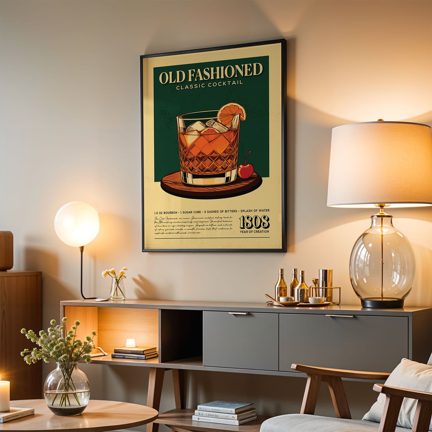 a poster of an old-fashioned cocktail hanging on a wall in a living room.